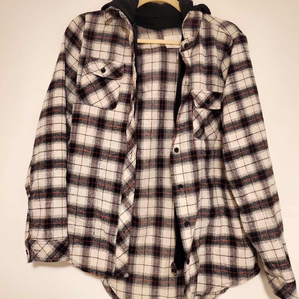Plaid shirt with built-in hoodie
